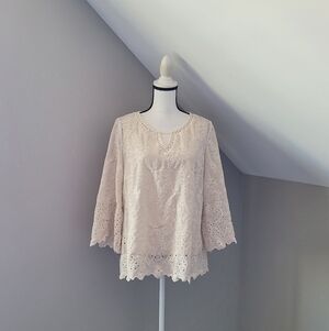 John Mark Winter White Velvet Eyelet Scalloped Bell Sleeve Top